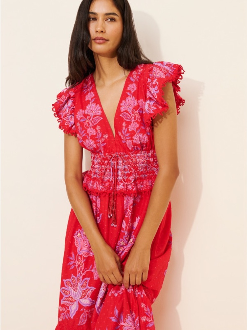FARM Rio 100% COTTON Red Maxi Dress with Pink Floral Print
